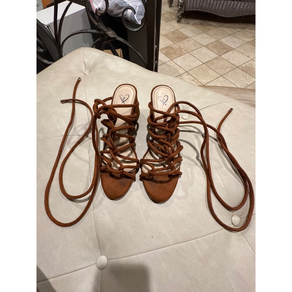 Windsor Womens Cognac Brown Faux Suede Lace Up Block Heel Sandals Size 8.5